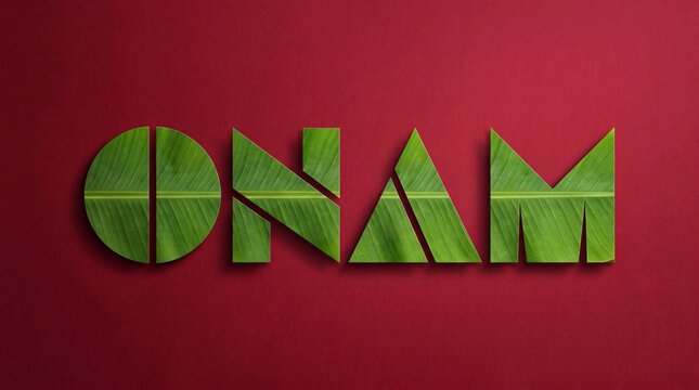 Creative Onam typography crafted from fresh green banana leaves with drop shadow, isolated on a rich red background. Kerala harvest festival greeting concept with copy space.