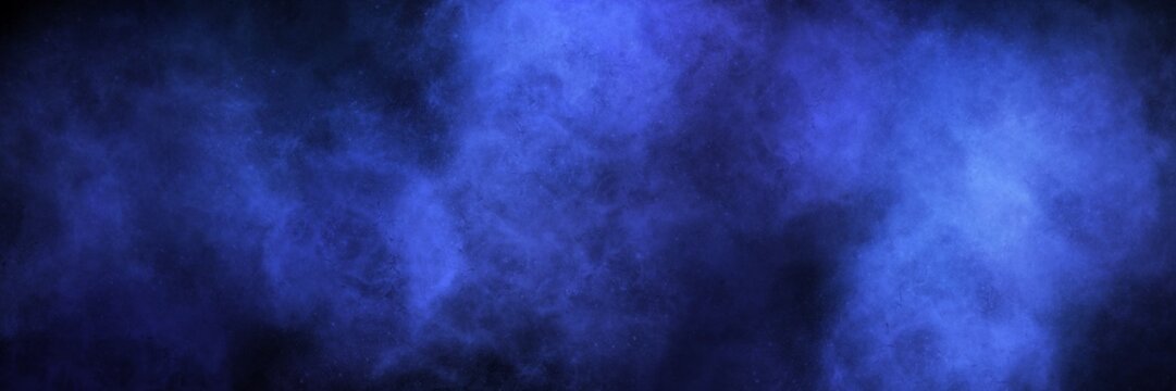 Moody deep violet and azure blue smoke clouds on black. Wide atmospheric banner for fantasy, aurora, and mysterious night art scenes.
