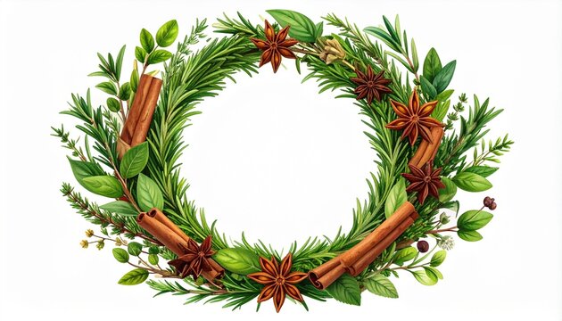 Circular Wreath Frame of Fresh Herb Sprigs and Spices with Rosemary Cinnamon Sticks and Star Anise on White