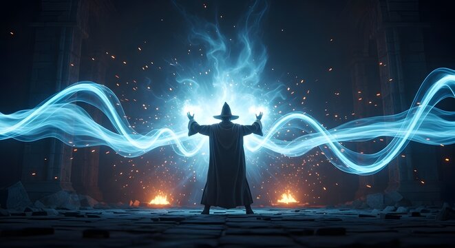 Wizard performing magic spell with blue energy