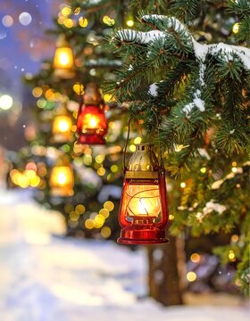 Glowing Lanterns on a Snow Covered Christmas Tree