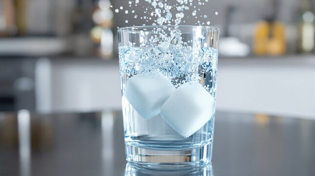 Observing the Physical Properties of Objects as Sugar Cubes Dissolving in a Glass of Clear Water Creating Bubbles and Splashes in a Kitchen Setting