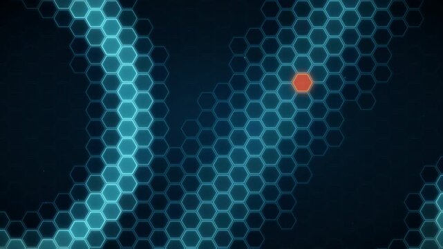 Glowing cyan hexagonal grid network with a pulsing red anomaly data node