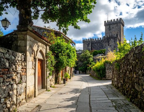 Cobblestone Street in Historic Old Town with Castle Walls