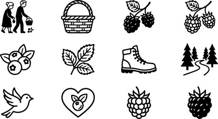 Collection of black and white nature and berry picking icons. © buggy