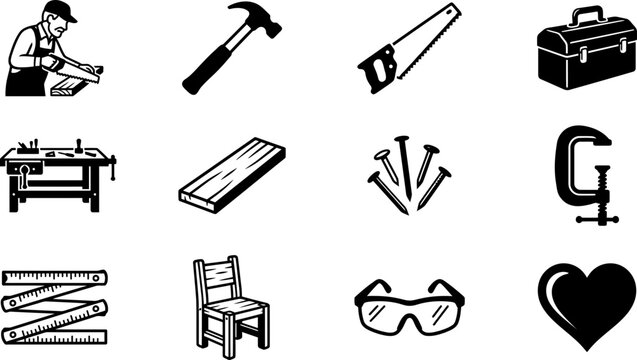 Set of black and white hand drawn woodworking and carpentry tool icons.