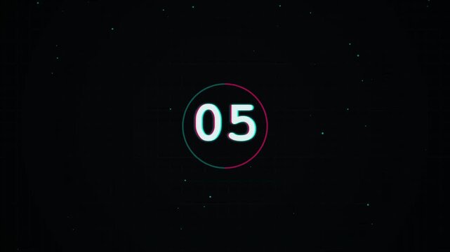 Glitching digital countdown timer with futuristic UI, showing numbers and UX logo with scanlines and neon glow, abstract technology background