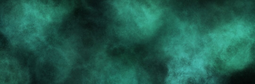 Deep malachite green and teal misty haze on black. Wide atmospheric banner for dark nature, fantasy, and mystical forest themes.
