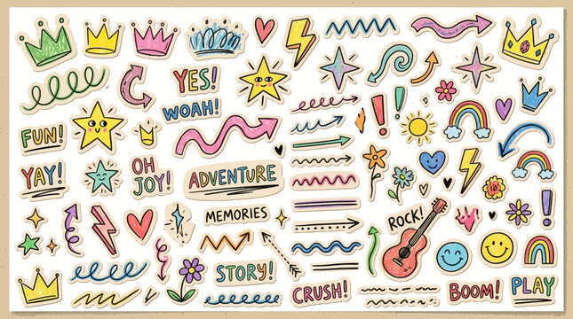 Colorful Hand Drawn Doodle Vector Sticker Set With Cute Stars Arrows Hearts And Positive Phrases