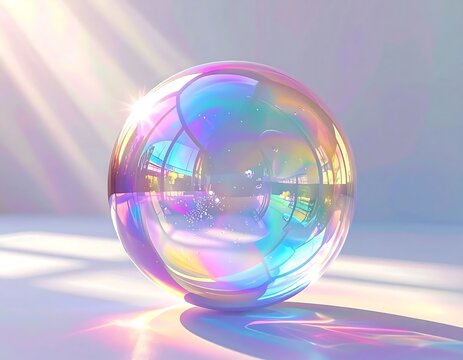 Iridescent Crystal Orb Sitting on a Bright Surface with Light Rays