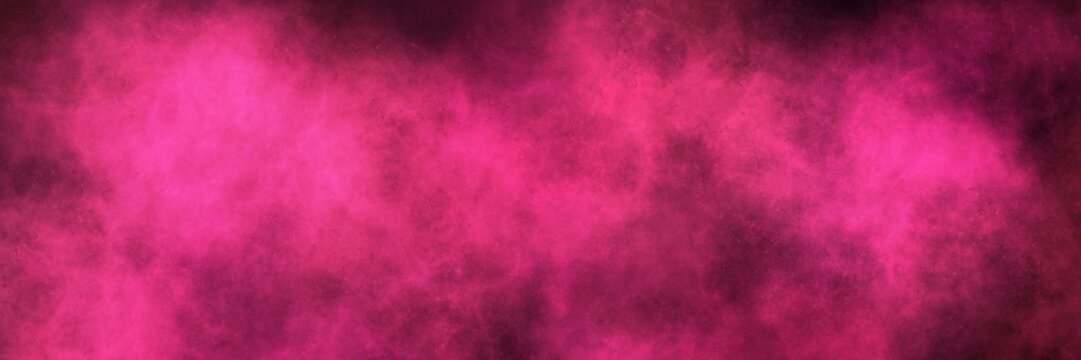 Vibrant magenta and deep violet watercolor smoke on black. Wide abstract banner for rave, cyberpunk, and dramatic fantasy art.
