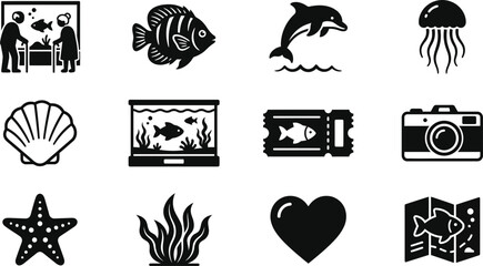 Set of oceanarium and aquarium icons and symbols. © Alvina