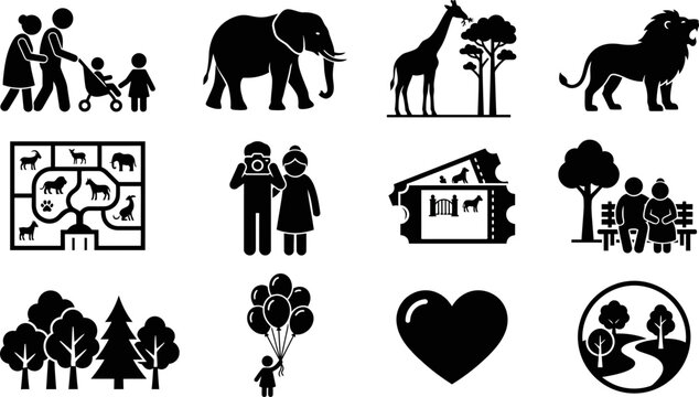 Set of zoo and family leisure activity icons.