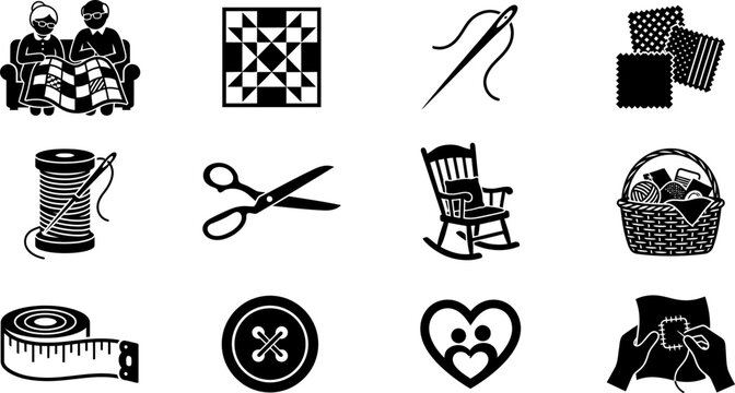 Set of black and white icons representing quilting and sewing activities.