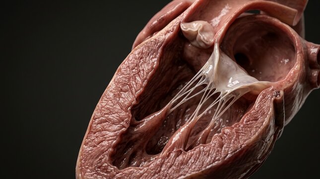 Human Heart Cross-Section Photology: The delicate tendinous chords stretch tightly across the thick muscular tissues against the dark background