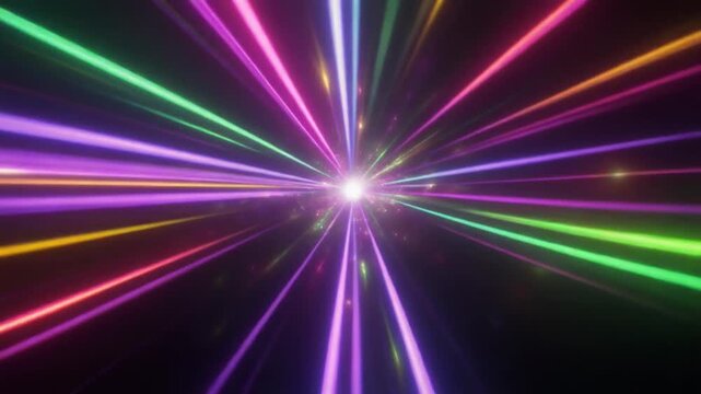 A dynamic animation of colorful laser beams (pink, green, blue, yellow) radiating outwards in a tunnel effect. Perfect for abstract backgrounds, music videos, and visual effects.