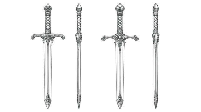 Ornate medieval swords displayed in front and side view arrangement on white background