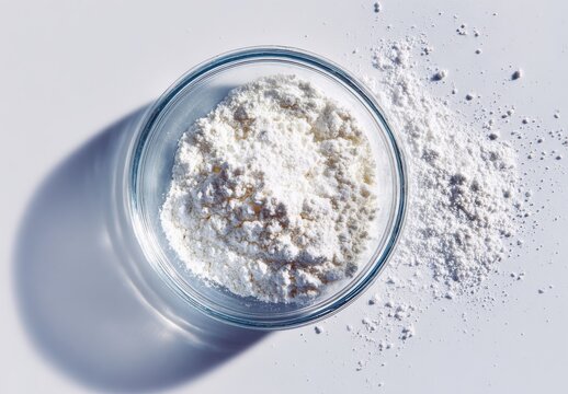 Top down view of white flour powder in glass bowl with ingredient culinary preparation supplies overhead wholesome component
