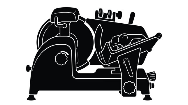 Detailed black and white vector illustration of a professional meat slicer machine used in commercial kitchens for cutting deli meats cheese and various food products