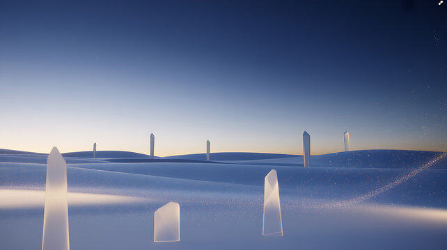 Crystalline formations in a blue gradient landscape a wide format digital illustration abstract aquamarine azure cold composition crystal