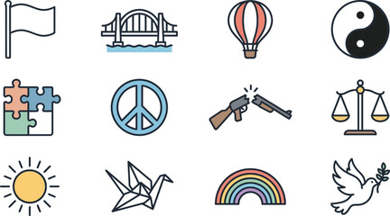 Obraz premium Collection of various colorful hand drawn flat vector icons representing peace and harmony.
