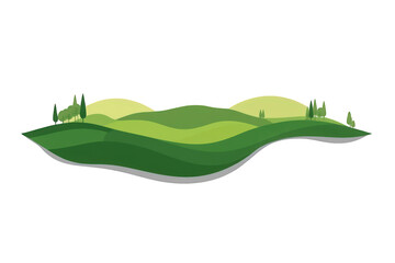 Obraz premium Rolling green hills landscape vector illustration with trees showing a peaceful countryside nature scene on transparent background