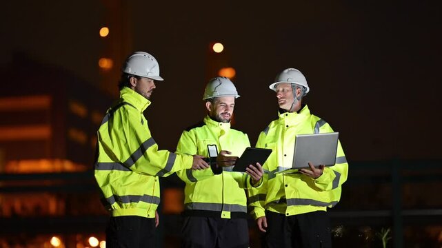 Construction workers having a night meeting on site