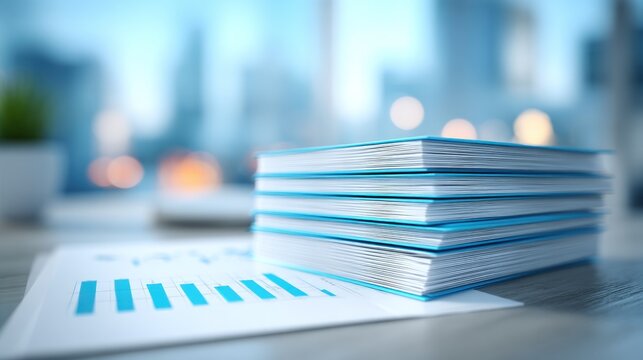 Stack of light blue business documents and financial bar chart on an office desk.