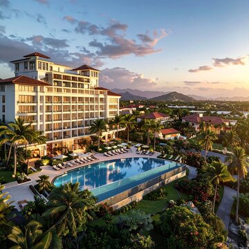 Luxury Resort Hotel with Pool and Palm Trees at Sunset