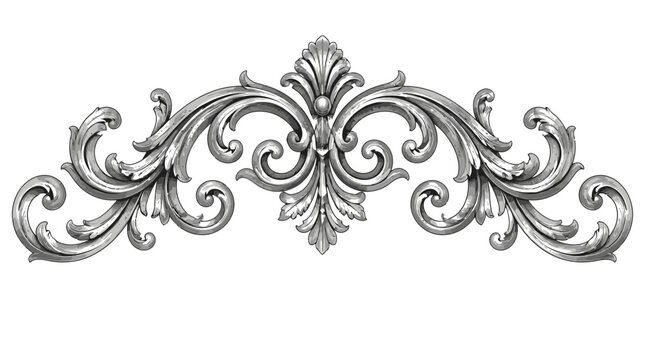 Ornate silver scrollwork flourish with acanthus leaves and symmetrical volutes on white background