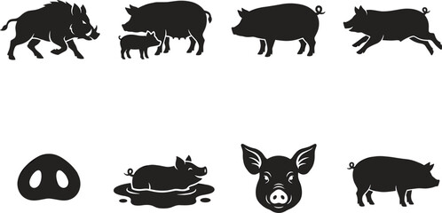 Vector silhouette collection of farm pigs wild boars piglets swine heads and snouts for agricultural design © Rokon