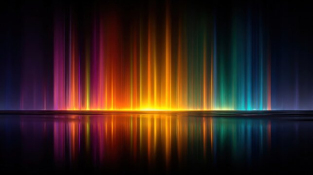 Symmetrical rainbow colored light bars reflecting on a smooth black surface.