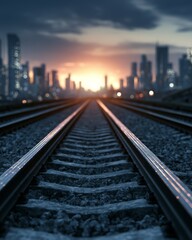 Fototapeta premium Parallel railway track leading toward a city