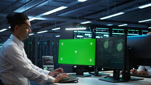 System administrator uses AI technology on a replaceable PC screen in a data center, connecting screen replacement, dataset processing and server maintenance.
