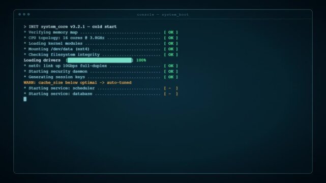 Dark terminal command line interface displaying a computer system boot sequence