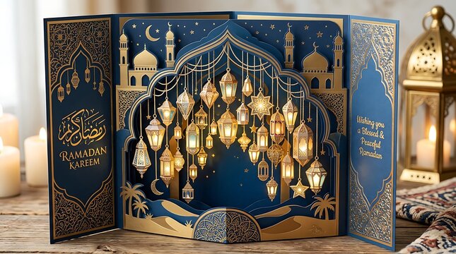Elegant 3D Pop-up Ramadan Kareem Greeting Card with Golden Hanging Lanterns and Mosque Silhouette
