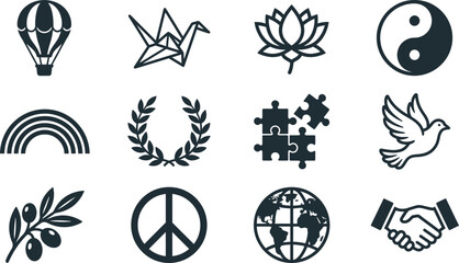 Obraz premium Set of minimalist black icons representing peace and unity concepts.