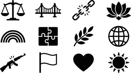 Obraz premium Set of black flat icons representing various social and environmental concepts.