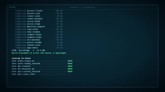 Software development terminal running a build pipeline and successfully deploying code