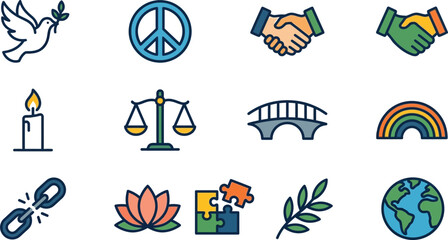Obraz premium Set of peace and harmony related icons featuring symbols of unity and hope.