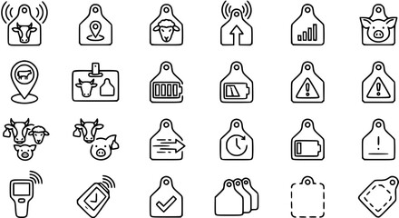 Livestock ear tag icons: cow, sheep, pig, GPS, battery, alert, data, hand-held scanner, vector line art © vectorcorp