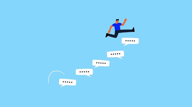 Communication growth concept animation showing a man jumping up on a staircase made of message speech bubbles.