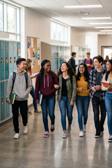 Obraz premium Diverse group of happy teenagers walking and laughing in a school hallway