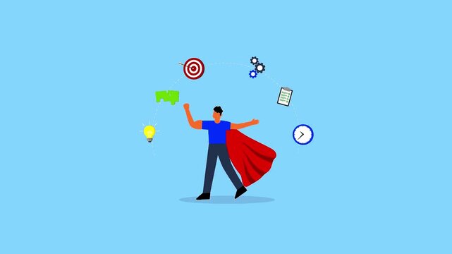 Business superhero worker conceptual animation showing a man wearing a red cape surrounded by task management icons.