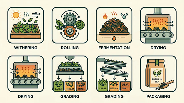Tea production process steps illustrated in a factory setting with machines