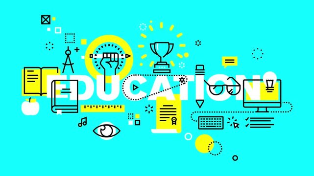 Education concept animation with school icons and typography text moving on a green background.
