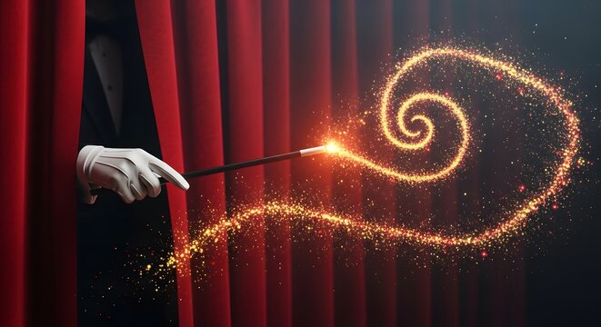 Magician holding magic wand with golden glitter and red curtain