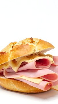 Ham and Cheese Sandwich on Baguette Against White Background