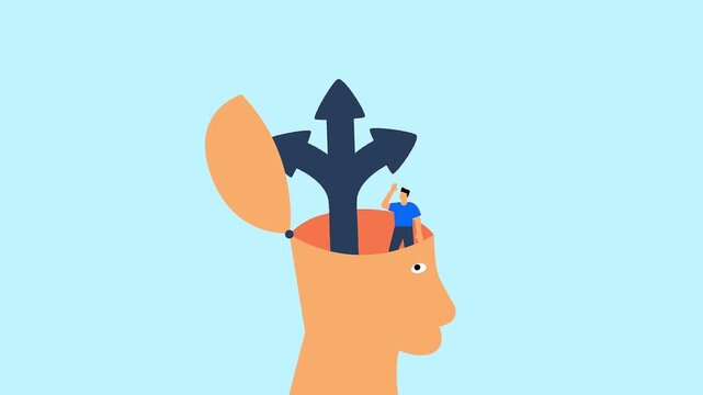Decision making process animation showing a man standing inside an open head looking at multiple path arrows.