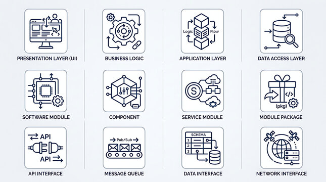 Set of linear icons representing software architecture, system design, and application development layers